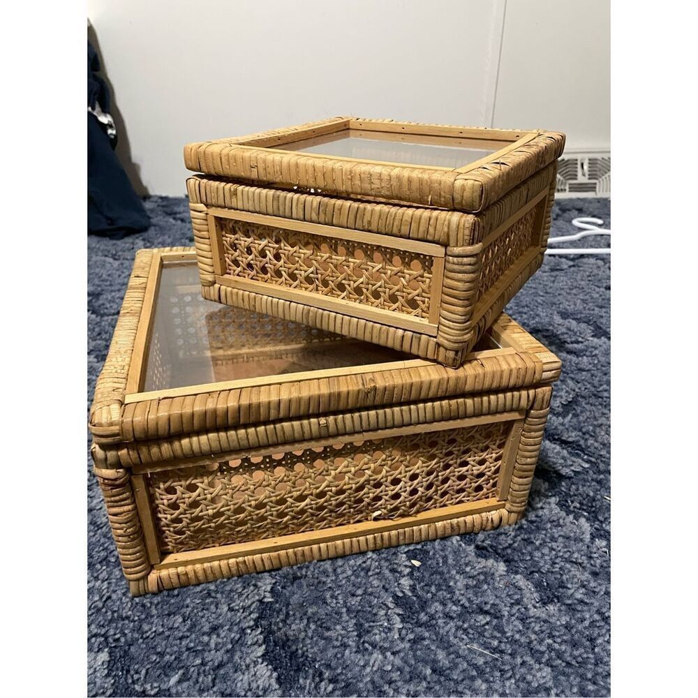 Creative Co-Op Cane and Rattan Display Boxes with Glass Lid, Set of 2